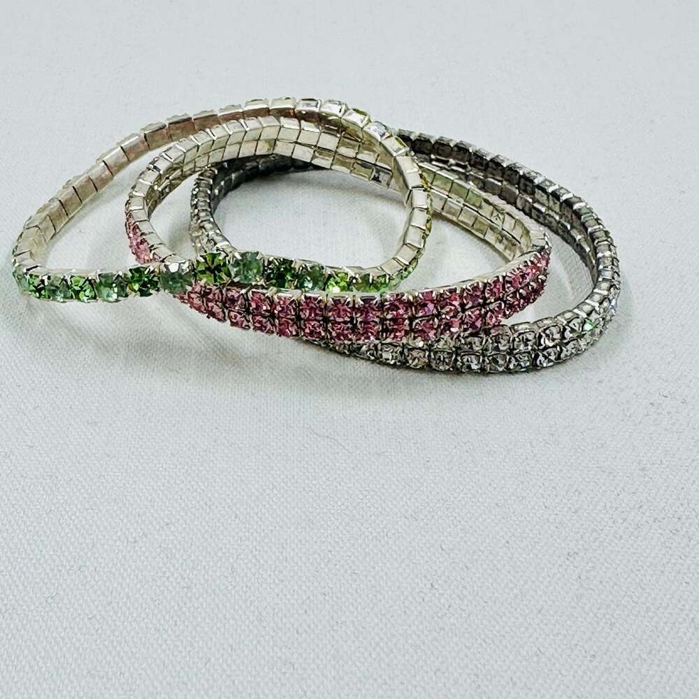 Rhinestone Stretch Bracelet Set 3 Piece Pink Green Clear